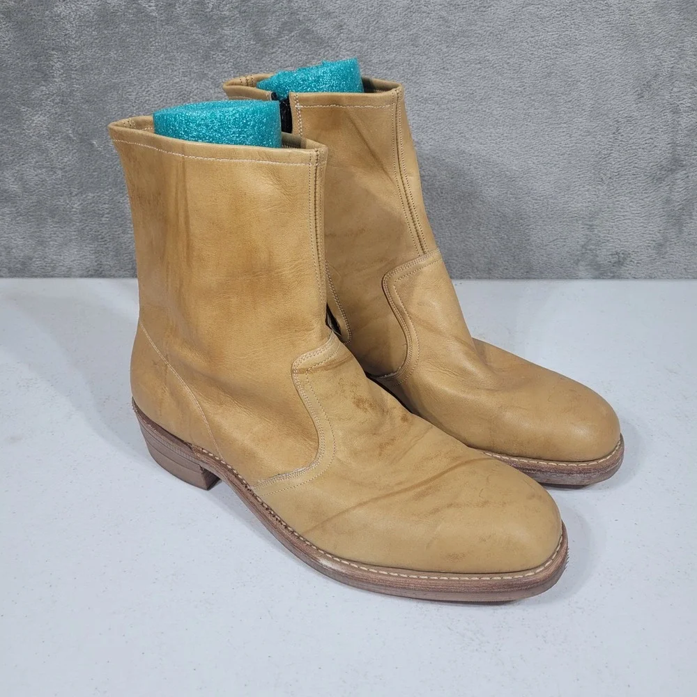 Vintage HY-TEST Mens 12 Tan Anchor Flange Leather Steel Toe Side Zip Boots H732
